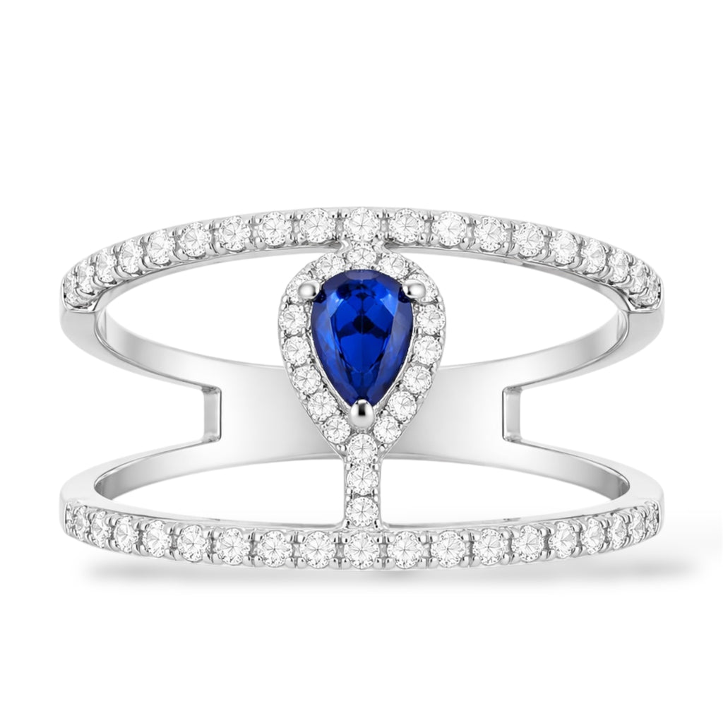 Double Band Sapphire Blue Pear CZ Ring