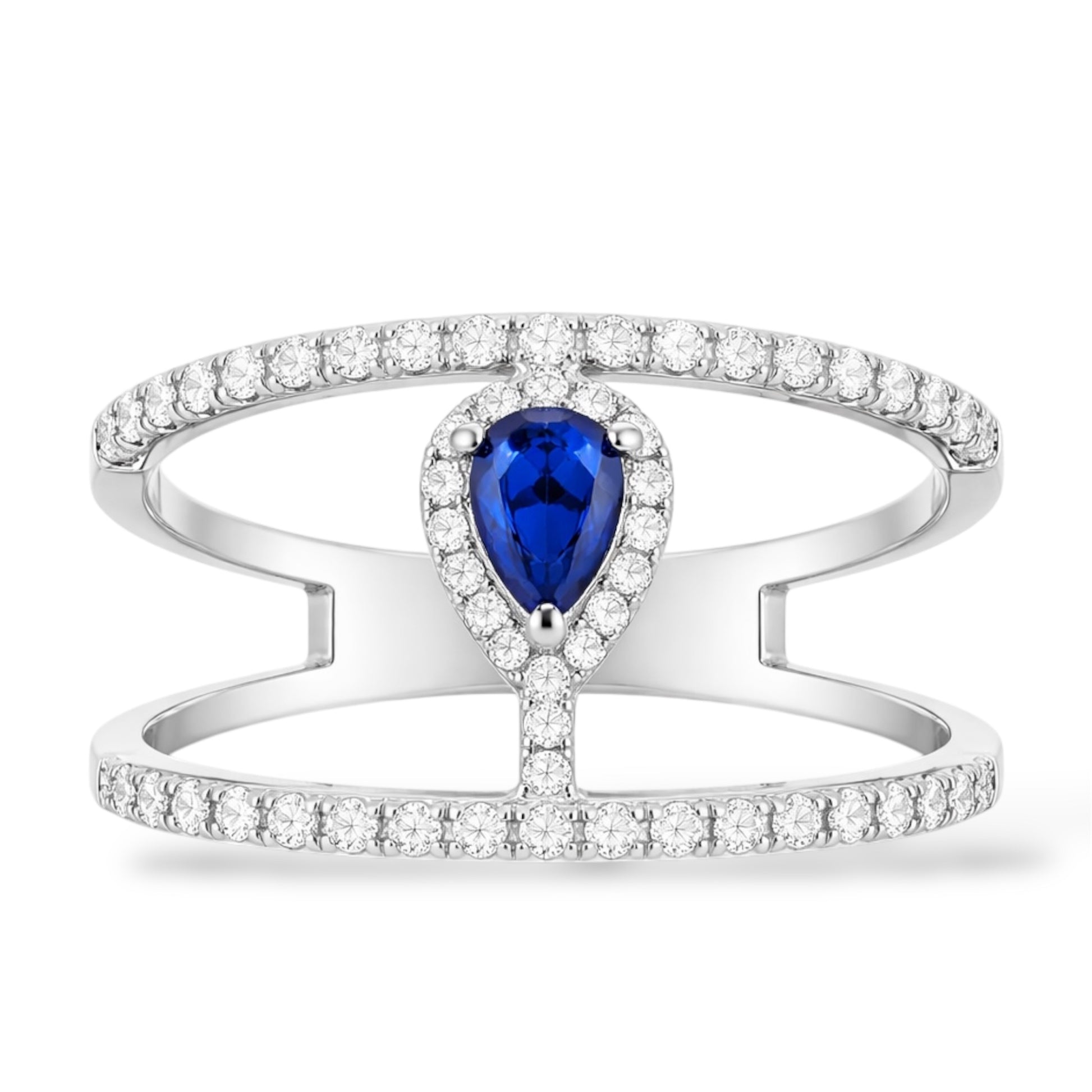 Double Band Sapphire Blue Pear CZ Ring