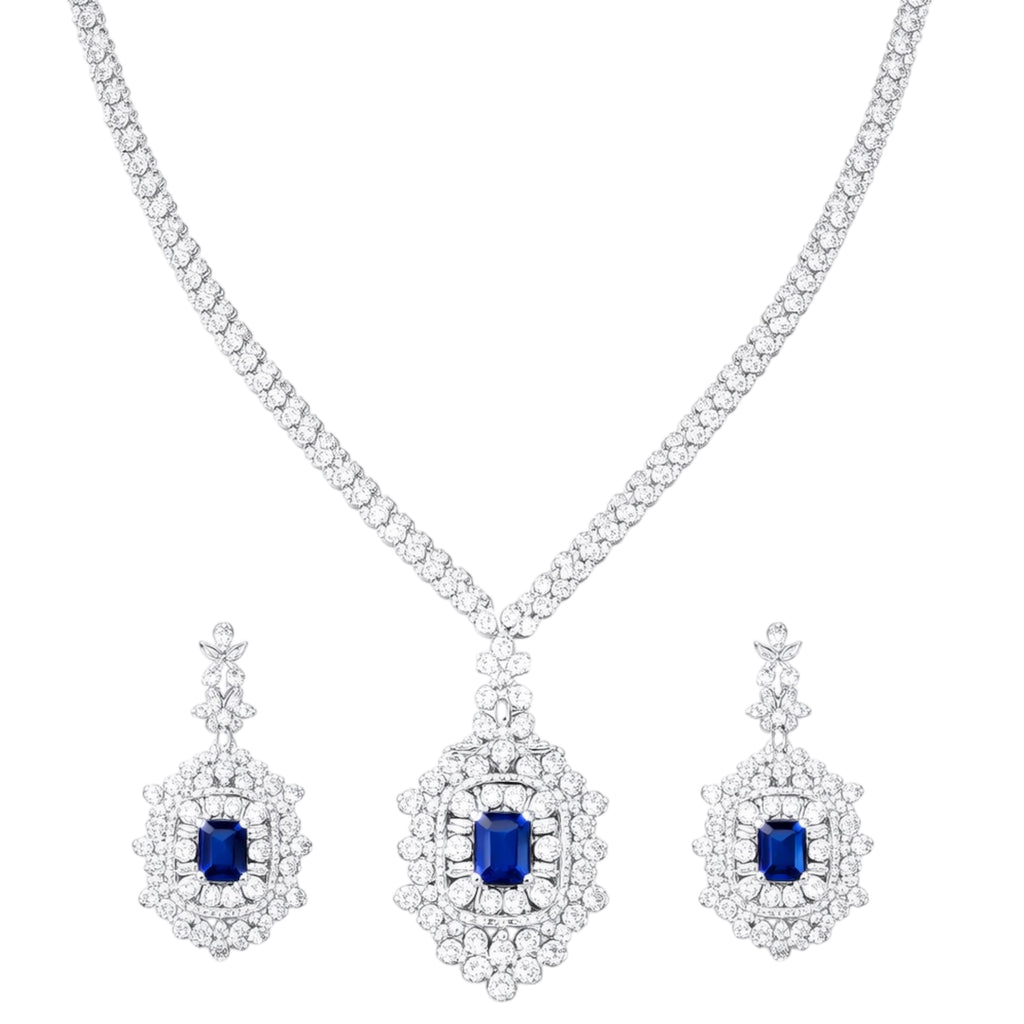Long Sapphire Blue CZ Halo Necklace & Earrings Set