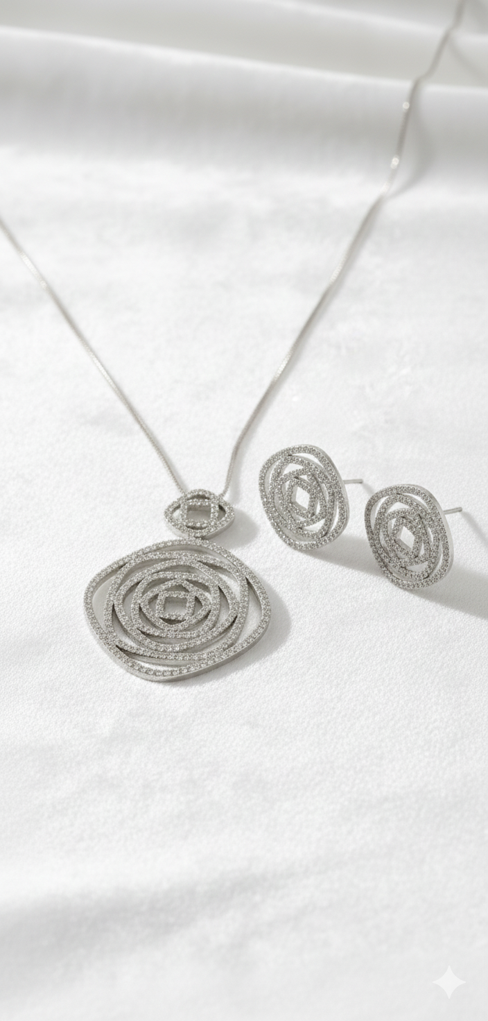 Elegant Swirl Rose Design Sterling Silver Jewelry Set