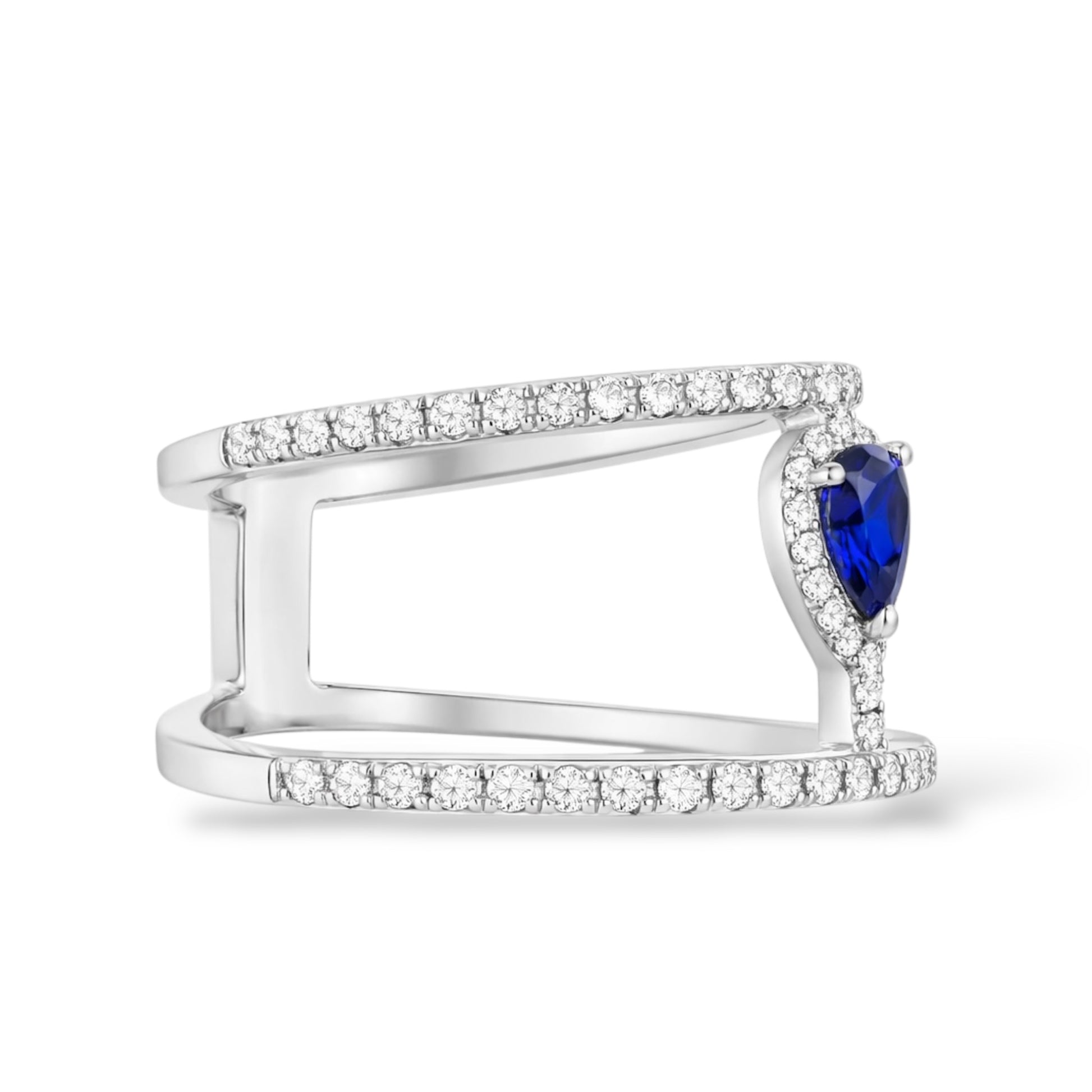 Double Band Sapphire Blue Pear CZ Ring