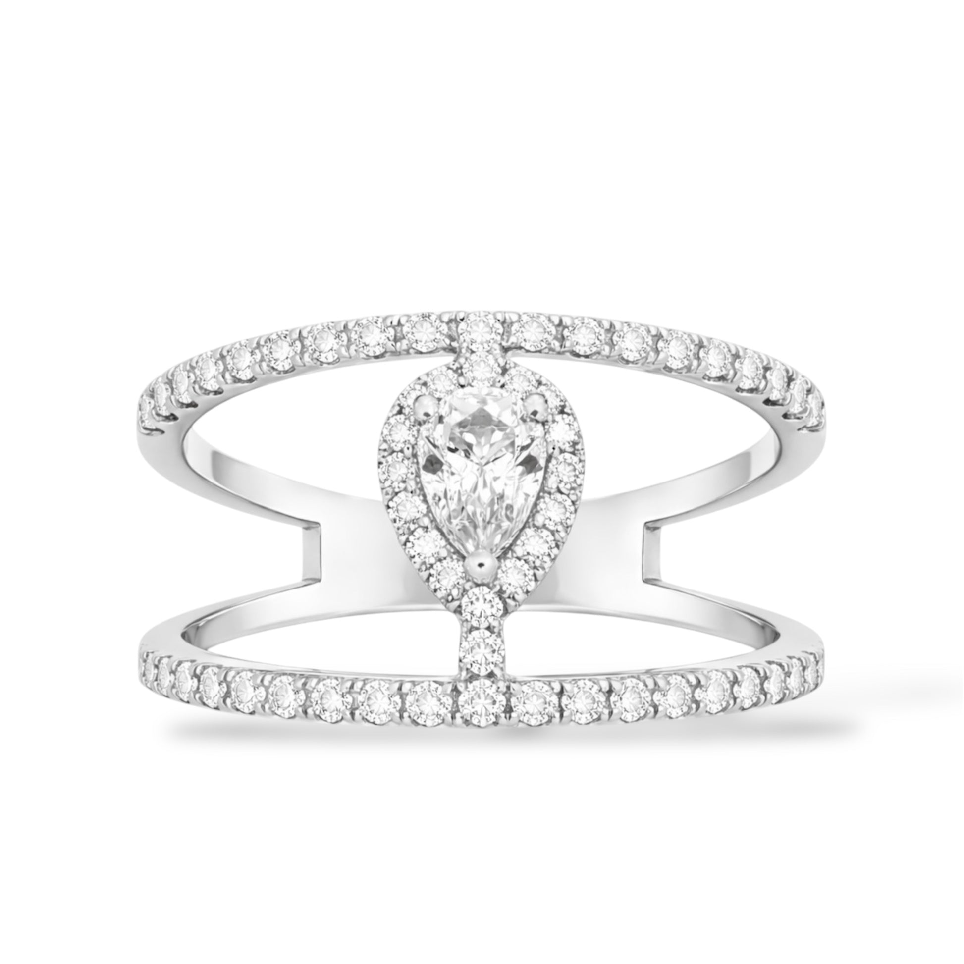 Double Band silver Pear CZ Ring