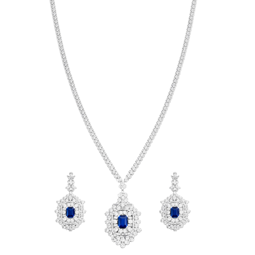 Long Sapphire Blue CZ Halo Necklace & Earrings Set