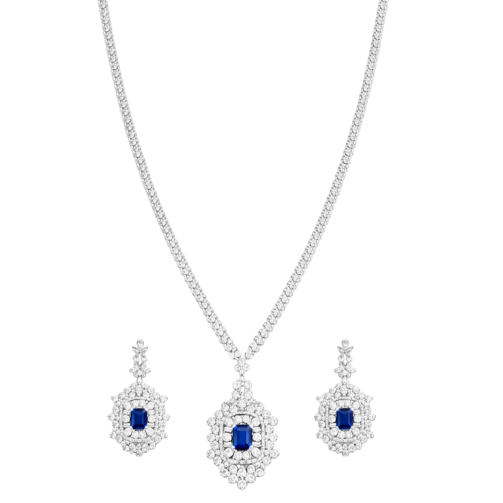 Long Sapphire Blue CZ Halo Necklace & Earrings Set